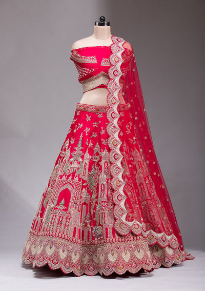 Red Zardosi Raw Silk Readymade Lehenga-koskii