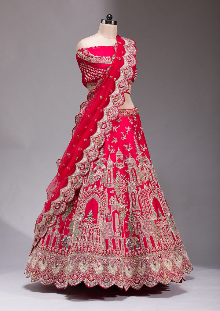 Red Zardosi Raw Silk Readymade Lehenga-koskii