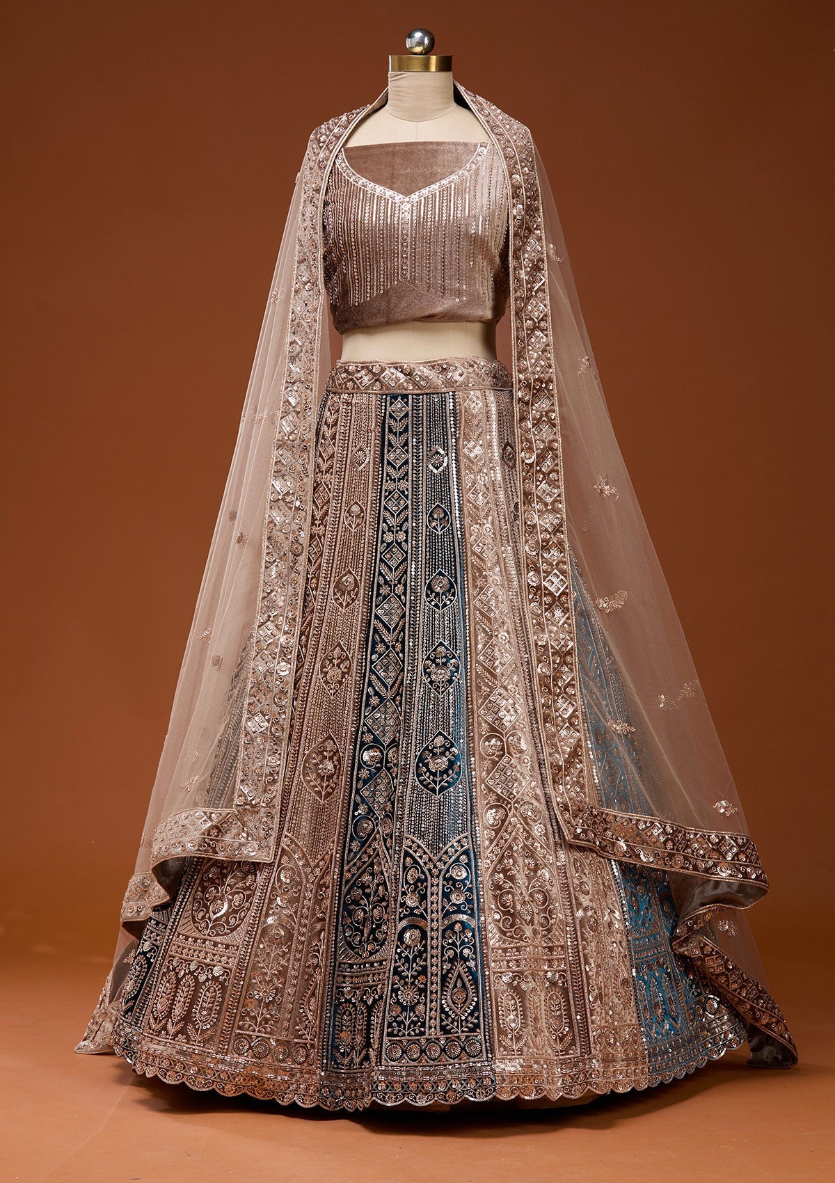 Navy Blue Sequins Velvet Semi-Stitched Lehenga_Koskii