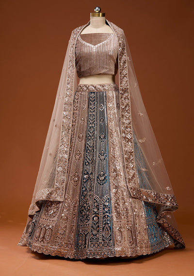 Navy Blue Sequins Velvet Semi-Stitched Lehenga_Koskii