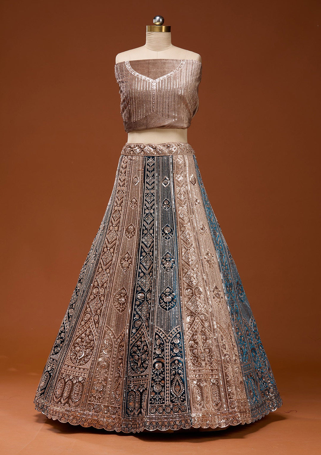 Navy Blue Sequins Velvet Semi-Stitched Lehenga_Koskii