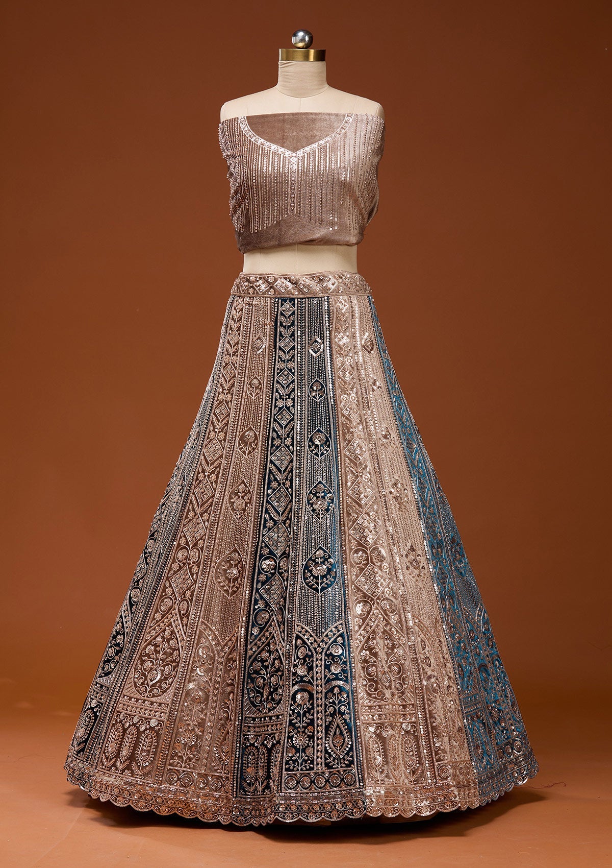 Navy Blue Sequins Velvet Semi-Stitched Lehenga_Koskii