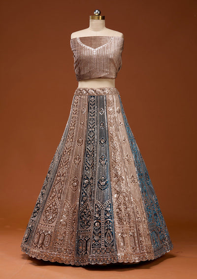 Navy Blue Sequins Velvet Semi-Stitched Lehenga_Koskii