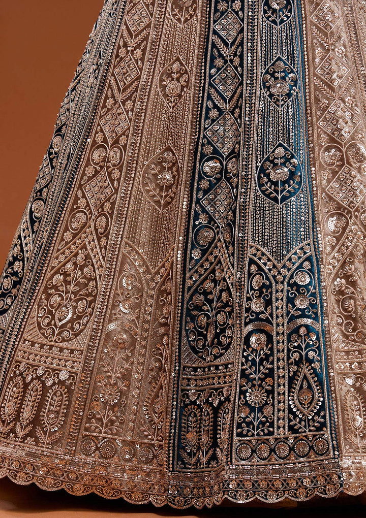 Navy Blue Sequins Velvet Semi-Stitched Lehenga_Koskii