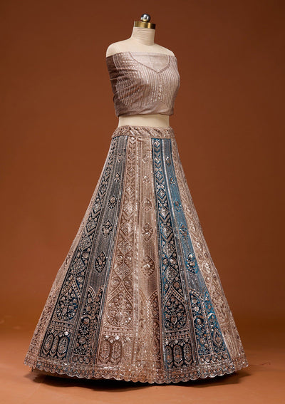 Navy Blue Sequins Velvet Semi-Stitched Lehenga_Koskii