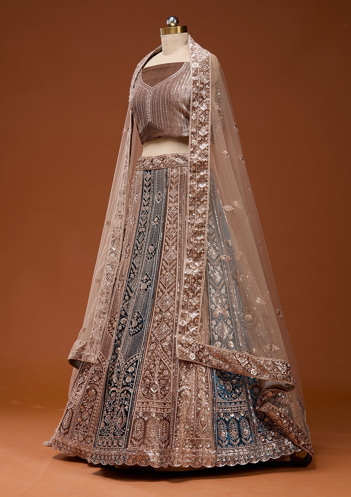 Navy Blue Sequins Velvet Semi-Stitched Lehenga_Koskii