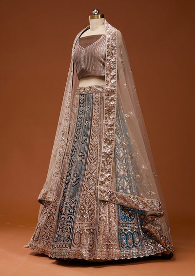Navy Blue Sequins Velvet Semi-Stitched Lehenga_Koskii