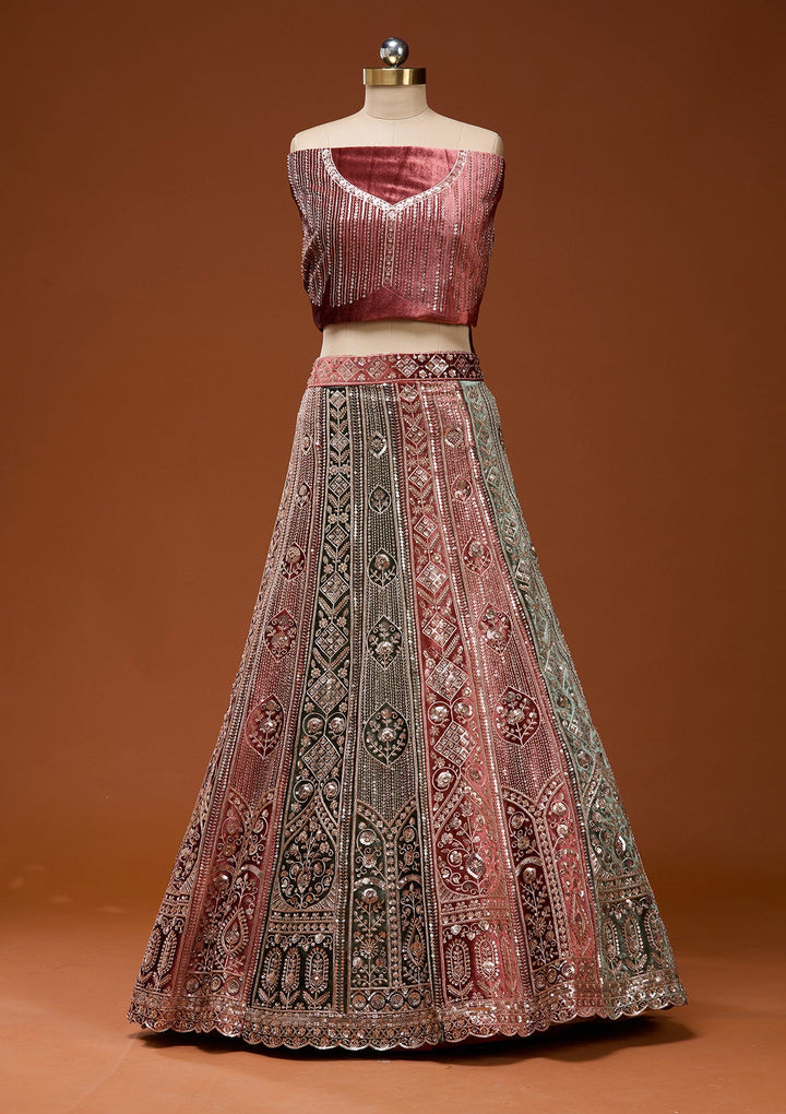 Rust Sequins Velvet Semi-Stitched Lehenga_Koskii