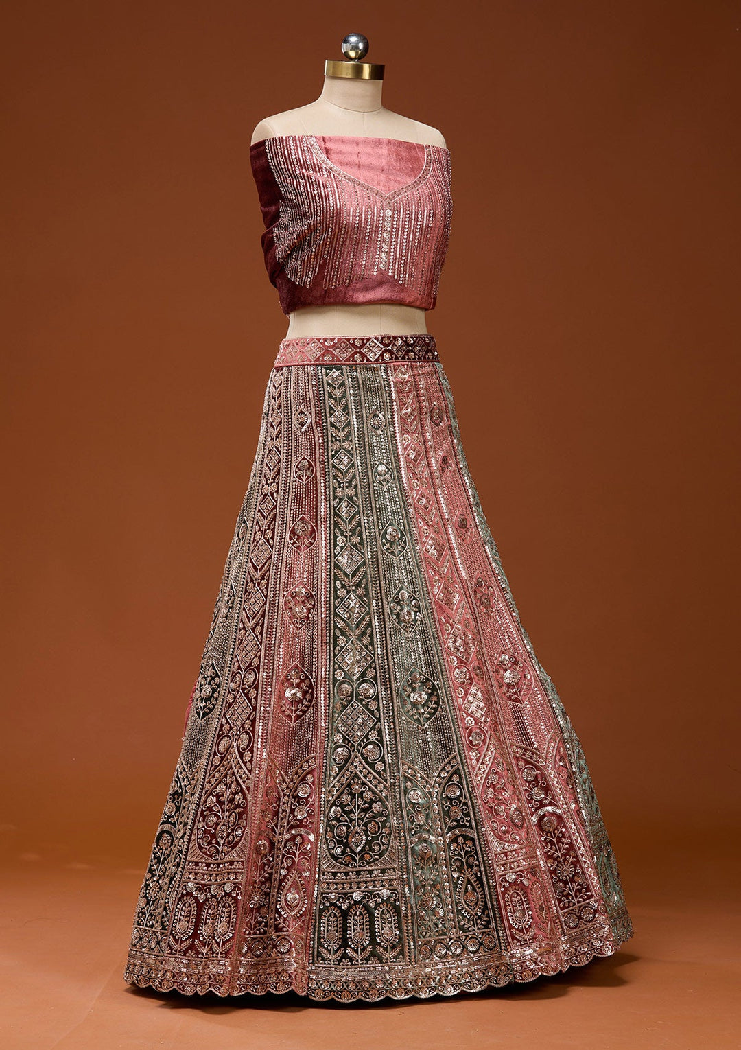 Rust Sequins Velvet Semi-Stitched Lehenga_Koskii
