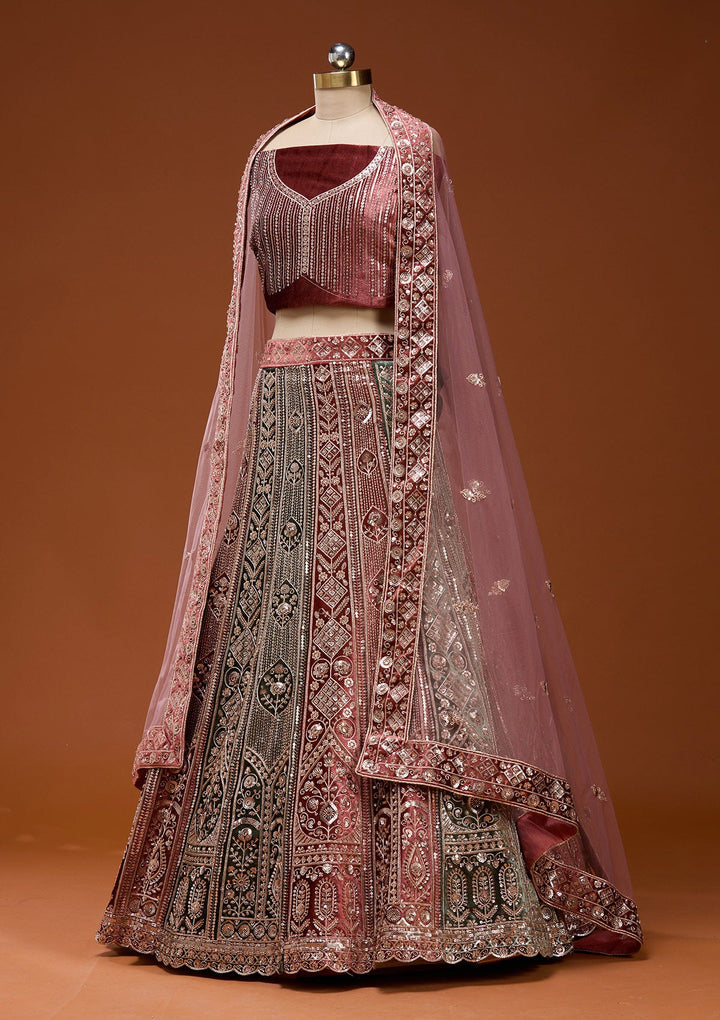 Rust Sequins Velvet Semi-Stitched Lehenga_Koskii