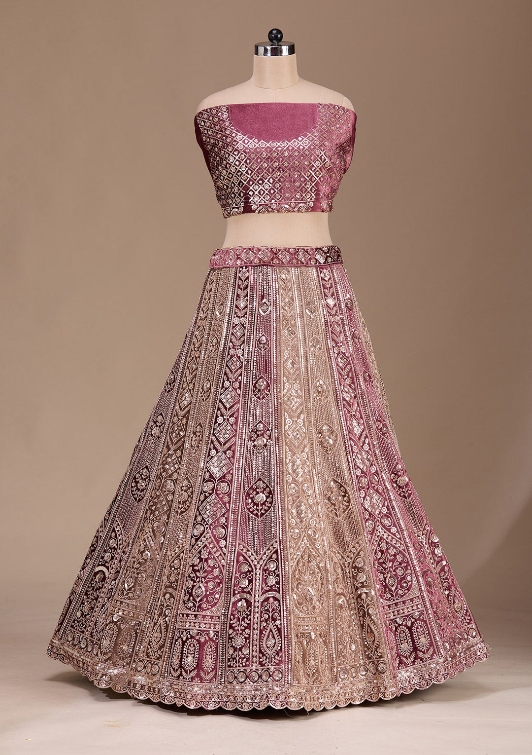 Wine Sequins Velvet Readymade Lehenga-Koskii