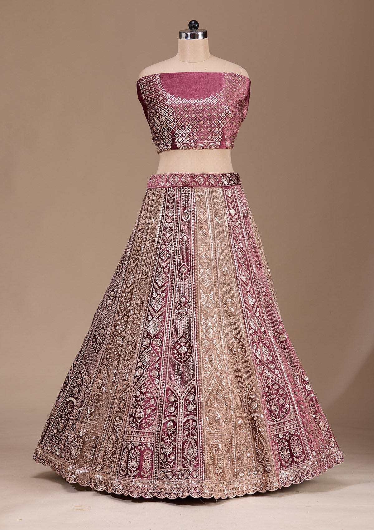 Wine Sequins Velvet Readymade Lehenga-Koskii