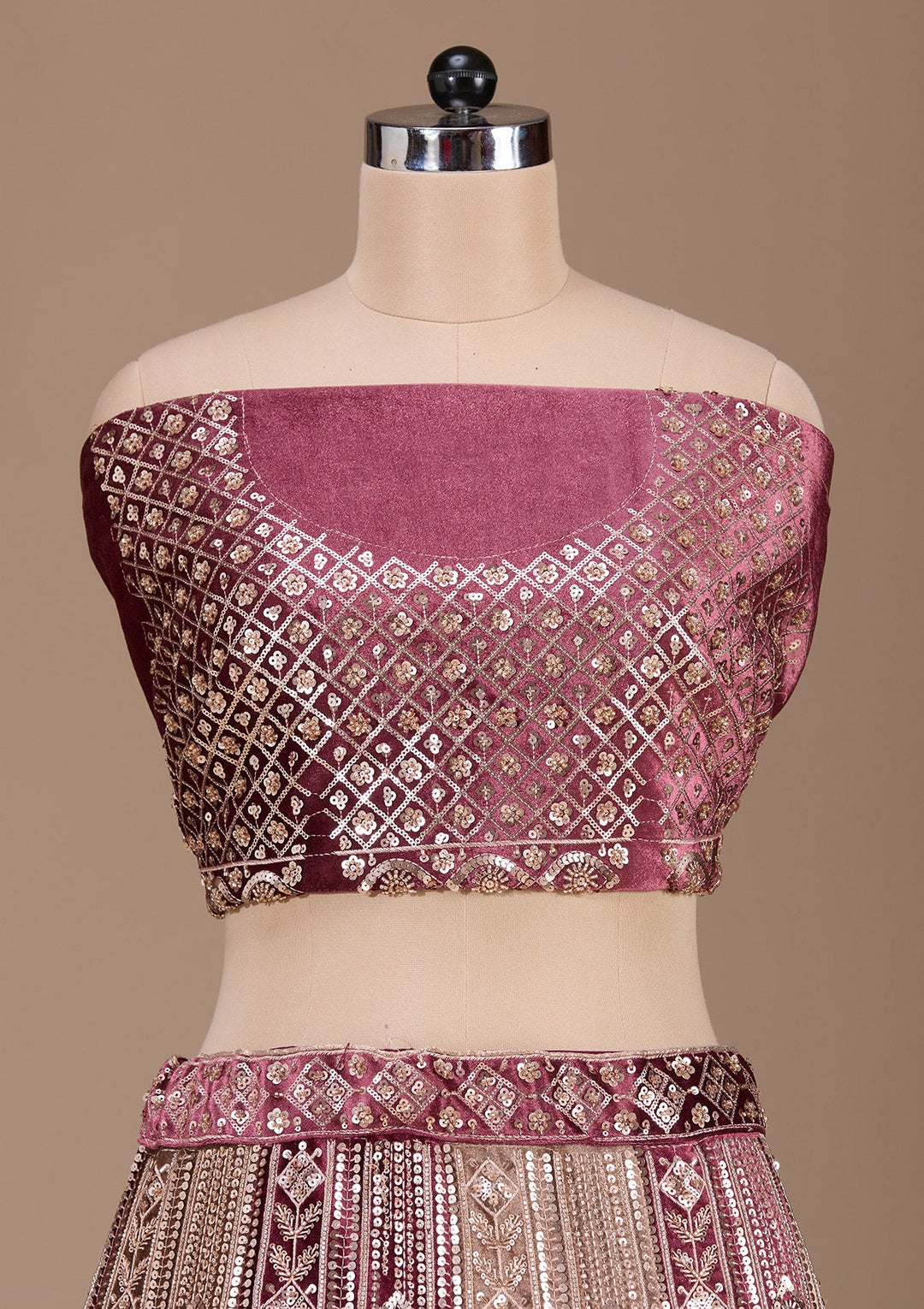 Wine Sequins Velvet Readymade Lehenga-Koskii