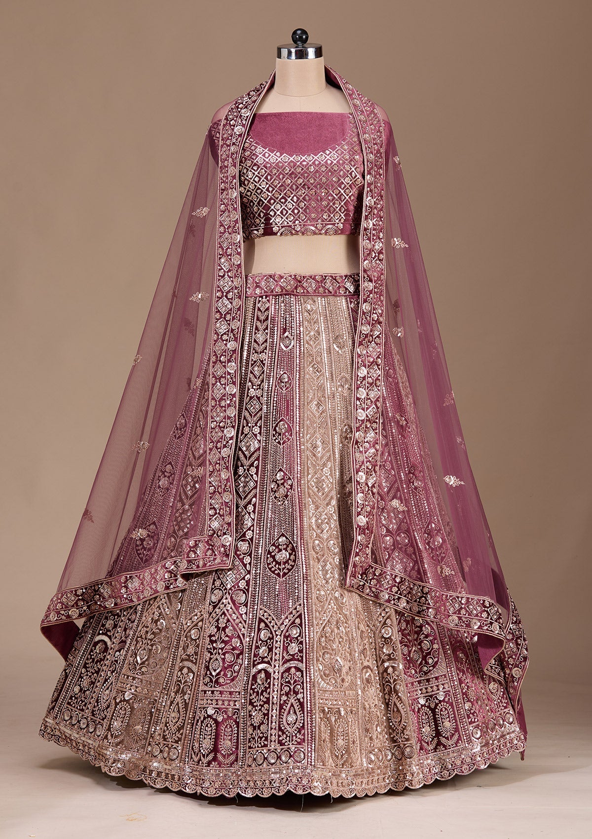 Wine Sequins Velvet Readymade Lehenga-Koskii