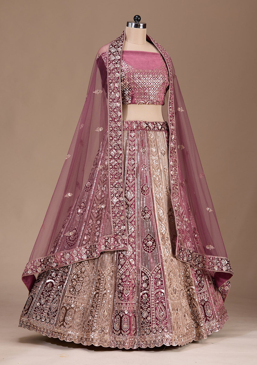 Wine Sequins Velvet Readymade Lehenga-Koskii