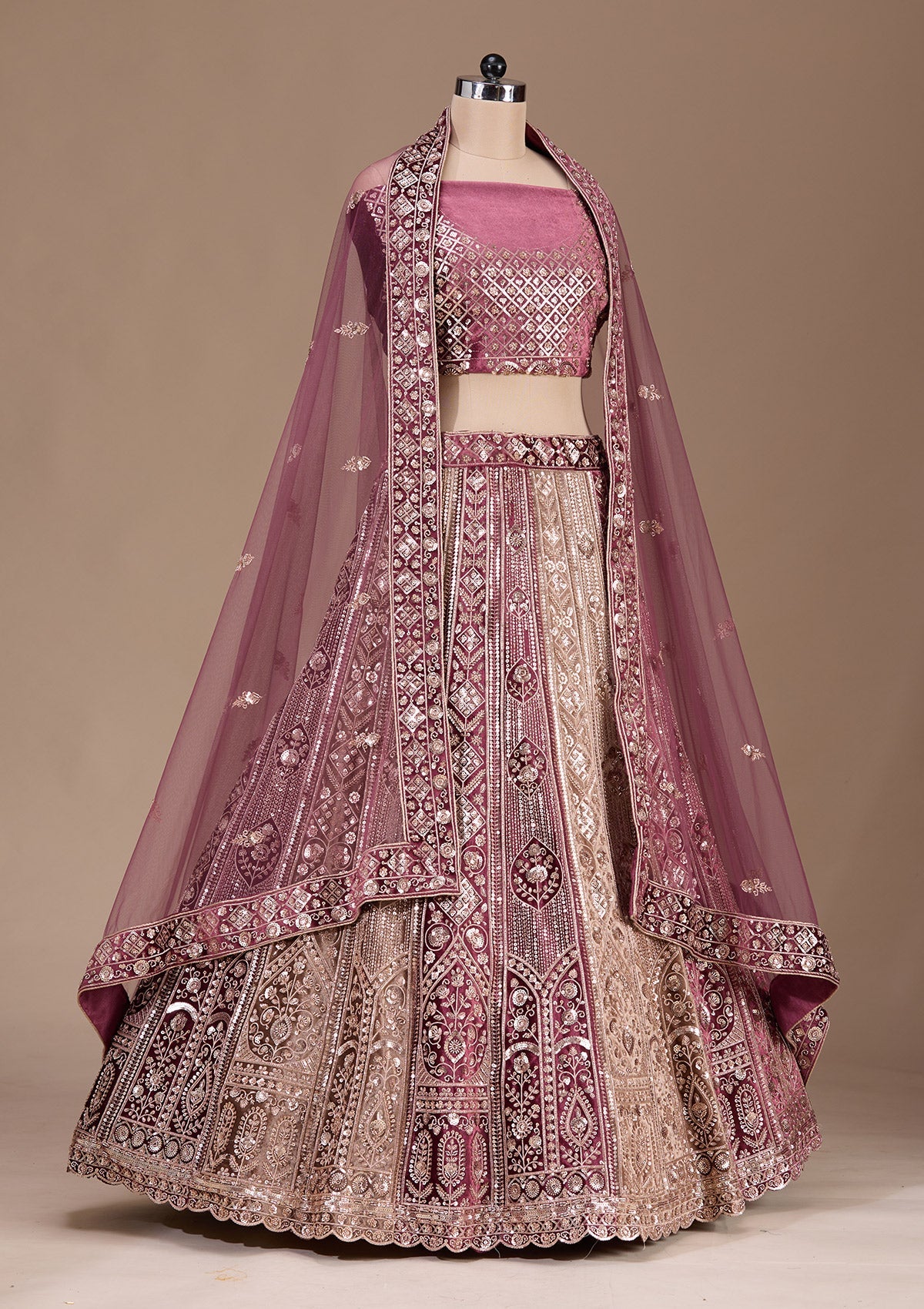 Wine Sequins Velvet Readymade Lehenga-Koskii