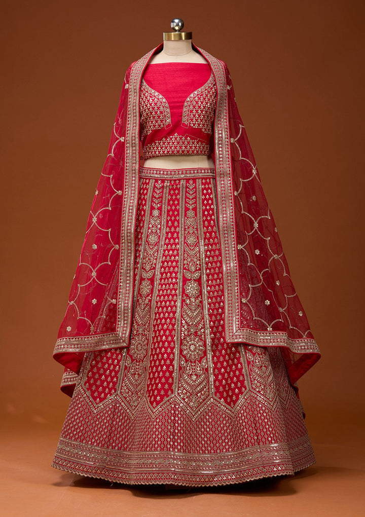 Red Cording Raw Silk Semi-Stitched Lehenga_Koskii