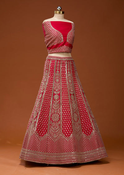 Red Cording Raw Silk Semi-Stitched Lehenga_Koskii