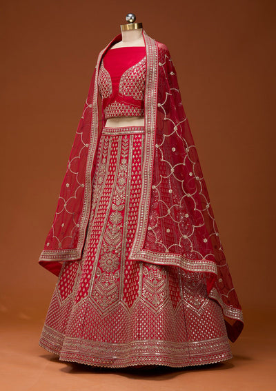 Red Cording Raw Silk Semi-Stitched Lehenga_Koskii
