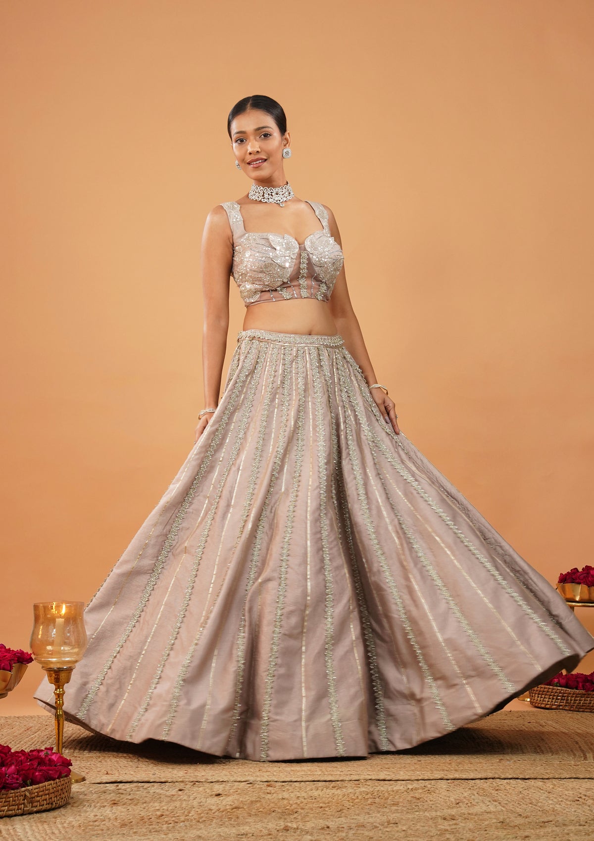 Lavender Stonework Net Readymade Lehenga-Koskii