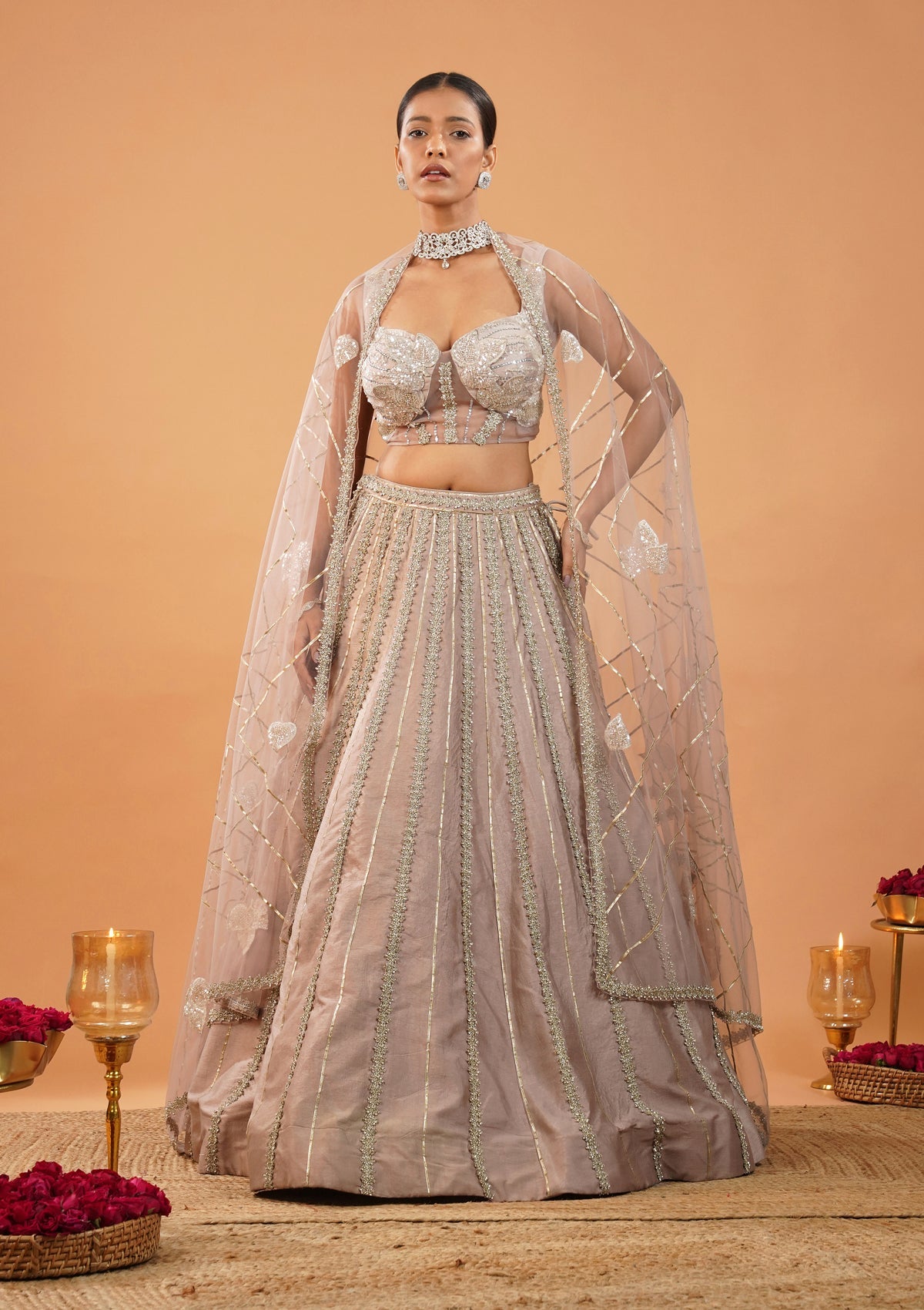 Lavender Stonework Net Readymade Lehenga-Koskii