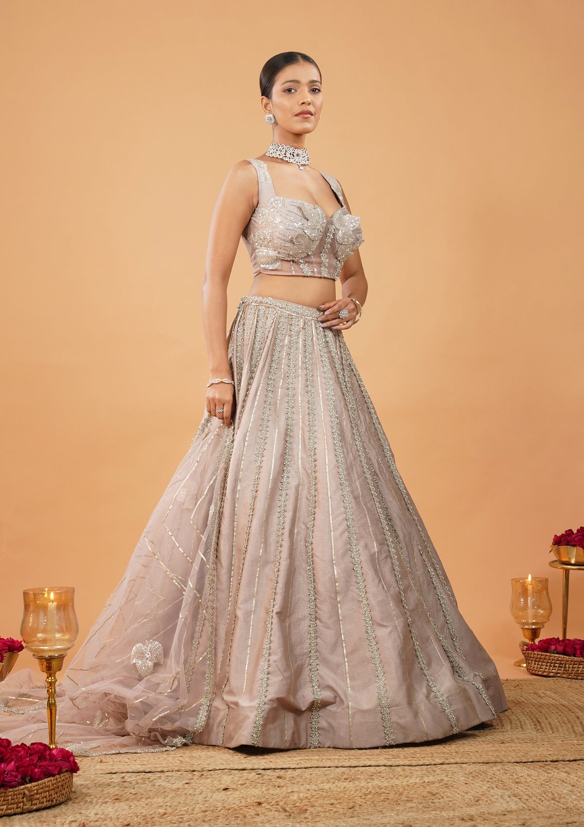 Lavender Stonework Net Readymade Lehenga-Koskii