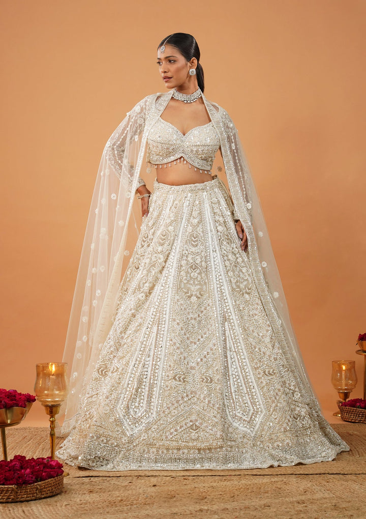 Cream Stonework Net Readymade Lehenga-Koskii