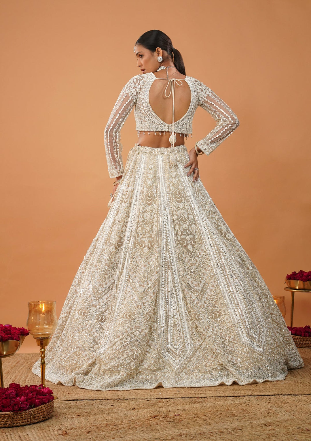 Cream Stonework Net Readymade Lehenga-Koskii