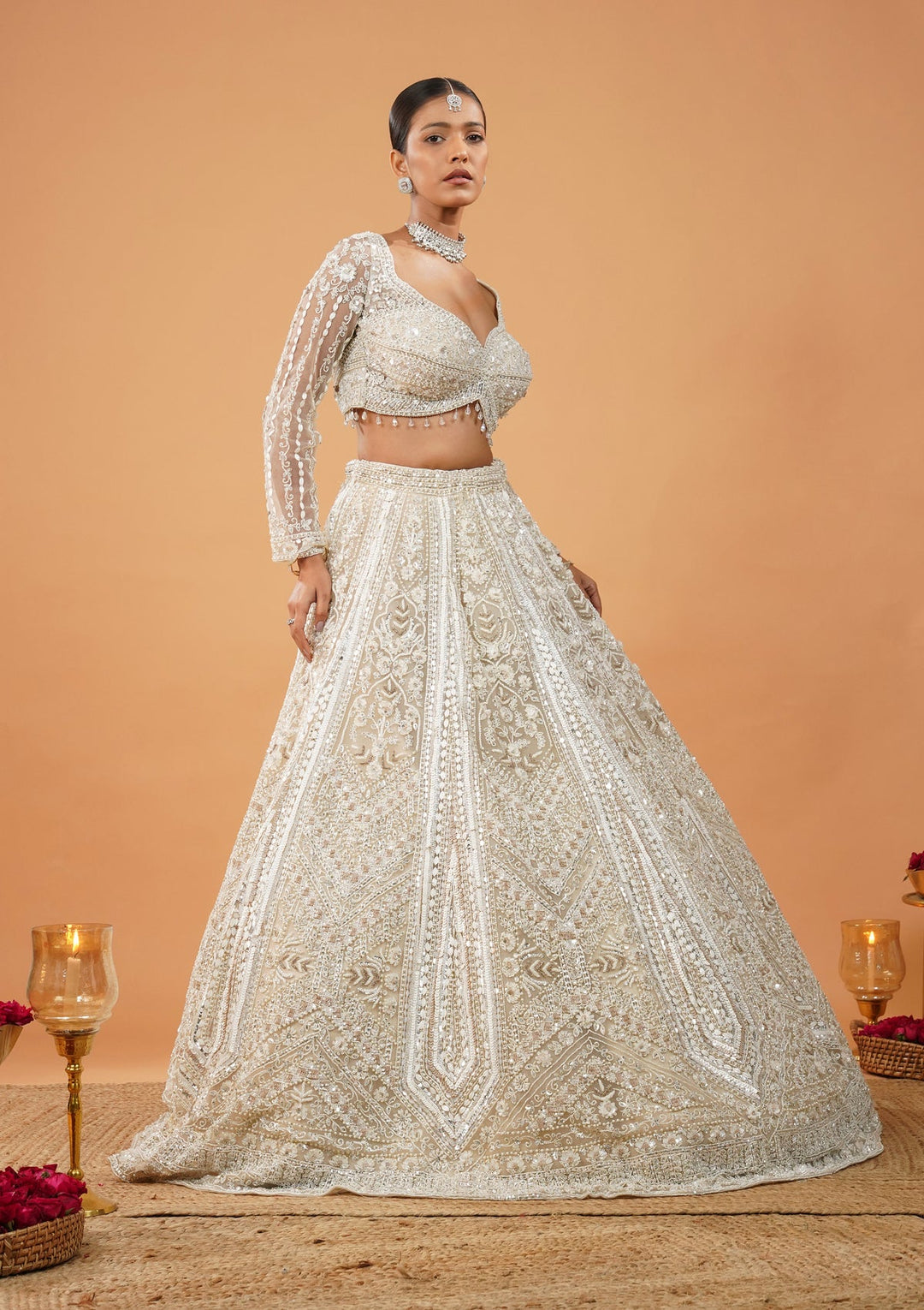 Cream Stonework Net Readymade Lehenga-Koskii