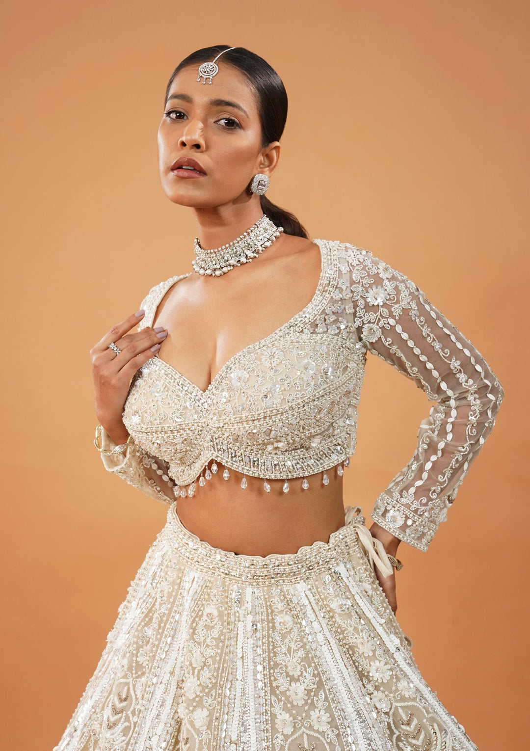 Cream Stonework Net Readymade Lehenga-Koskii