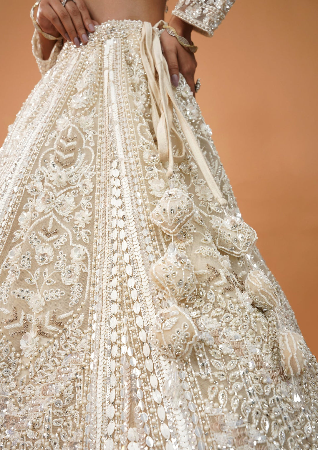 Cream Stonework Net Readymade Lehenga-Koskii