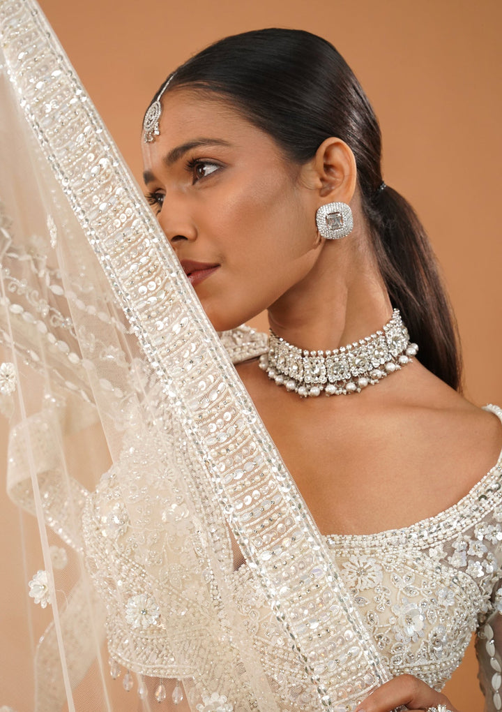 Cream Stonework Net Readymade Lehenga-Koskii