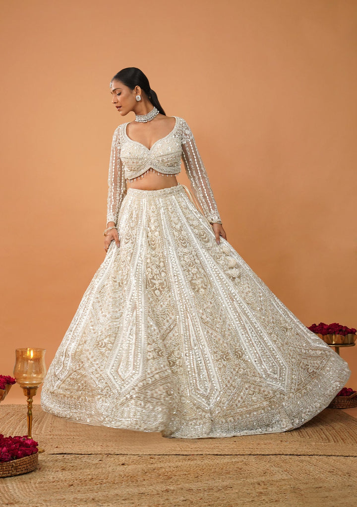 Cream Stonework Net Readymade Lehenga-Koskii