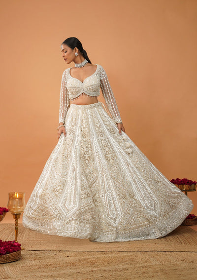 Cream Stonework Net Readymade Lehenga-Koskii