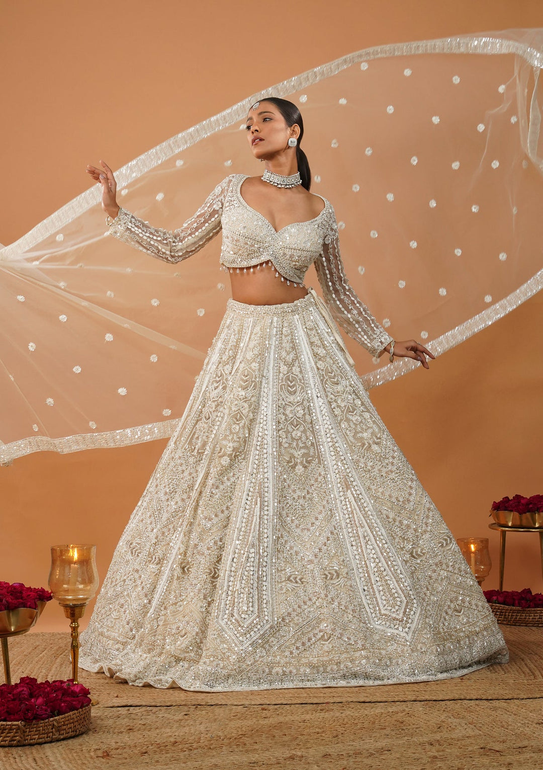 Cream Stonework Net Readymade Lehenga-Koskii