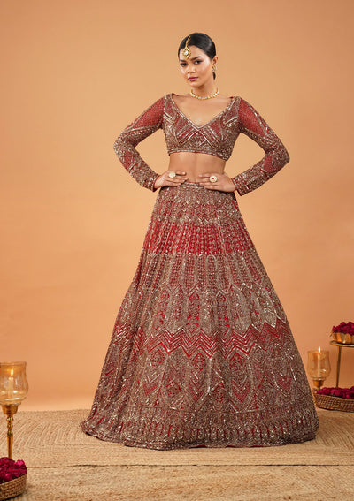 Maroon Stonework Net Readymade Lehenga-Koskii