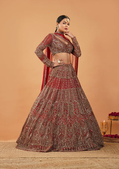 Maroon Stonework Net Readymade Lehenga-Koskii