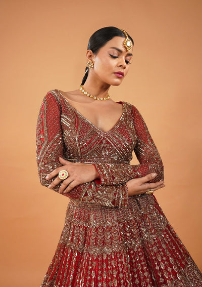 Maroon Stonework Net Readymade Lehenga-Koskii