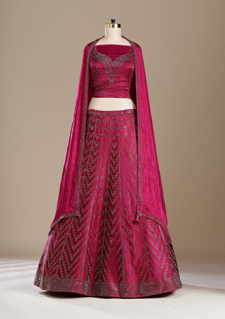 Rani Pink Silver Zariwork Satin Semi-Stitched Lehenga