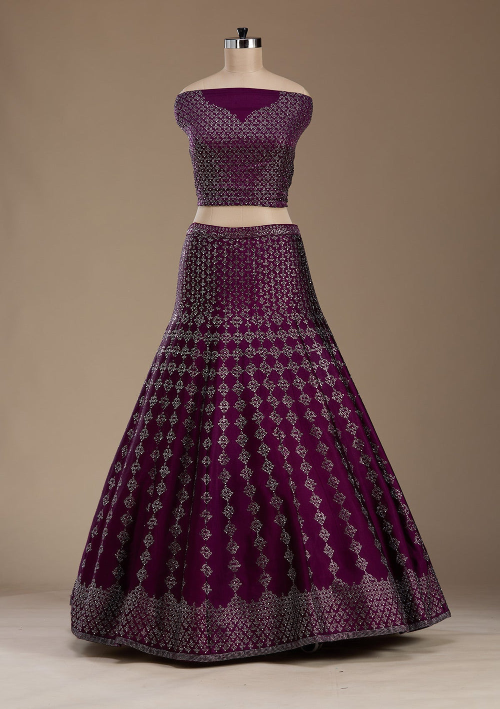 Wine Silver Zariwork Satin Semi-Stitched Lehenga-koskii