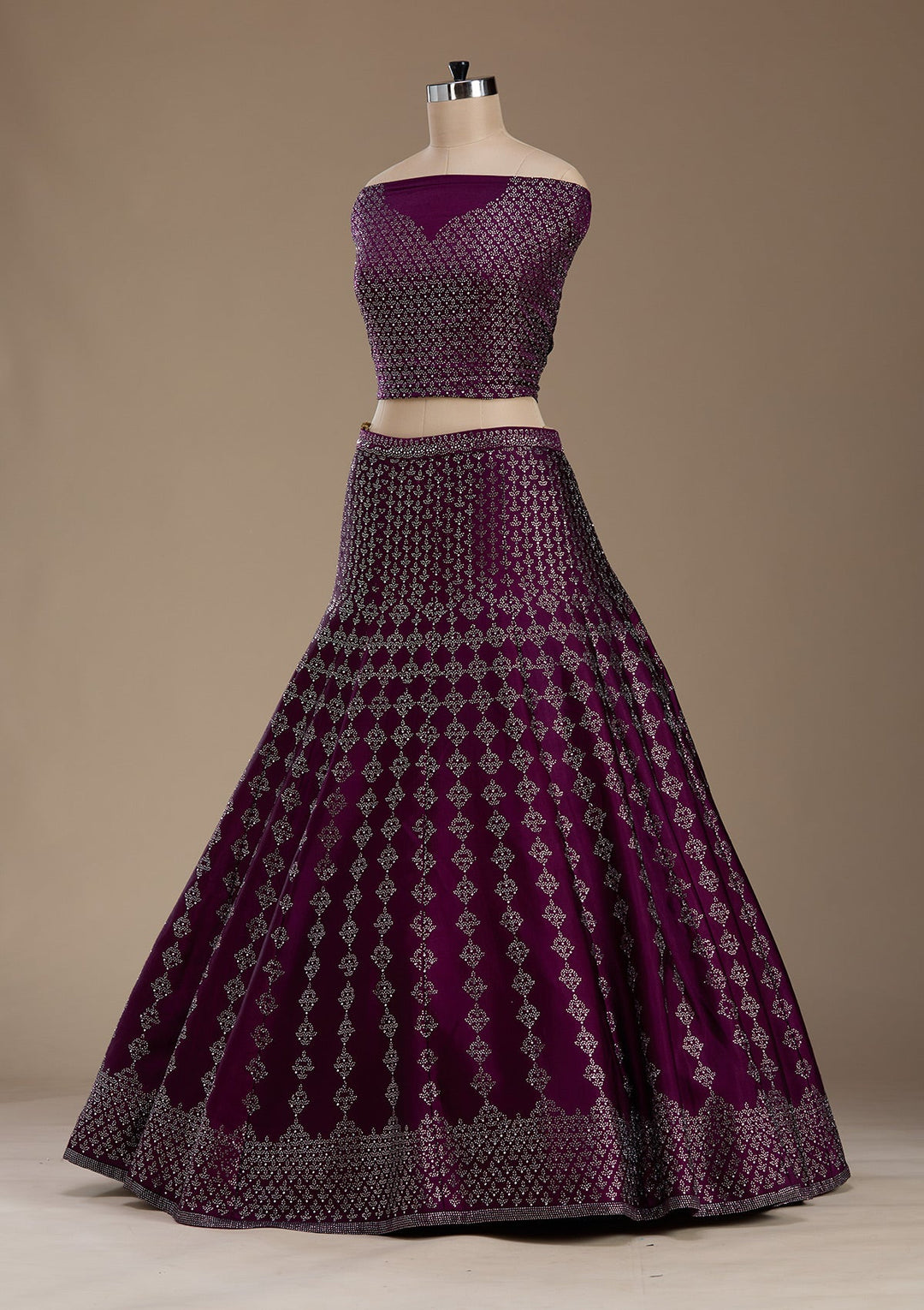Wine Silver Zariwork Satin Semi-Stitched Lehenga-koskii