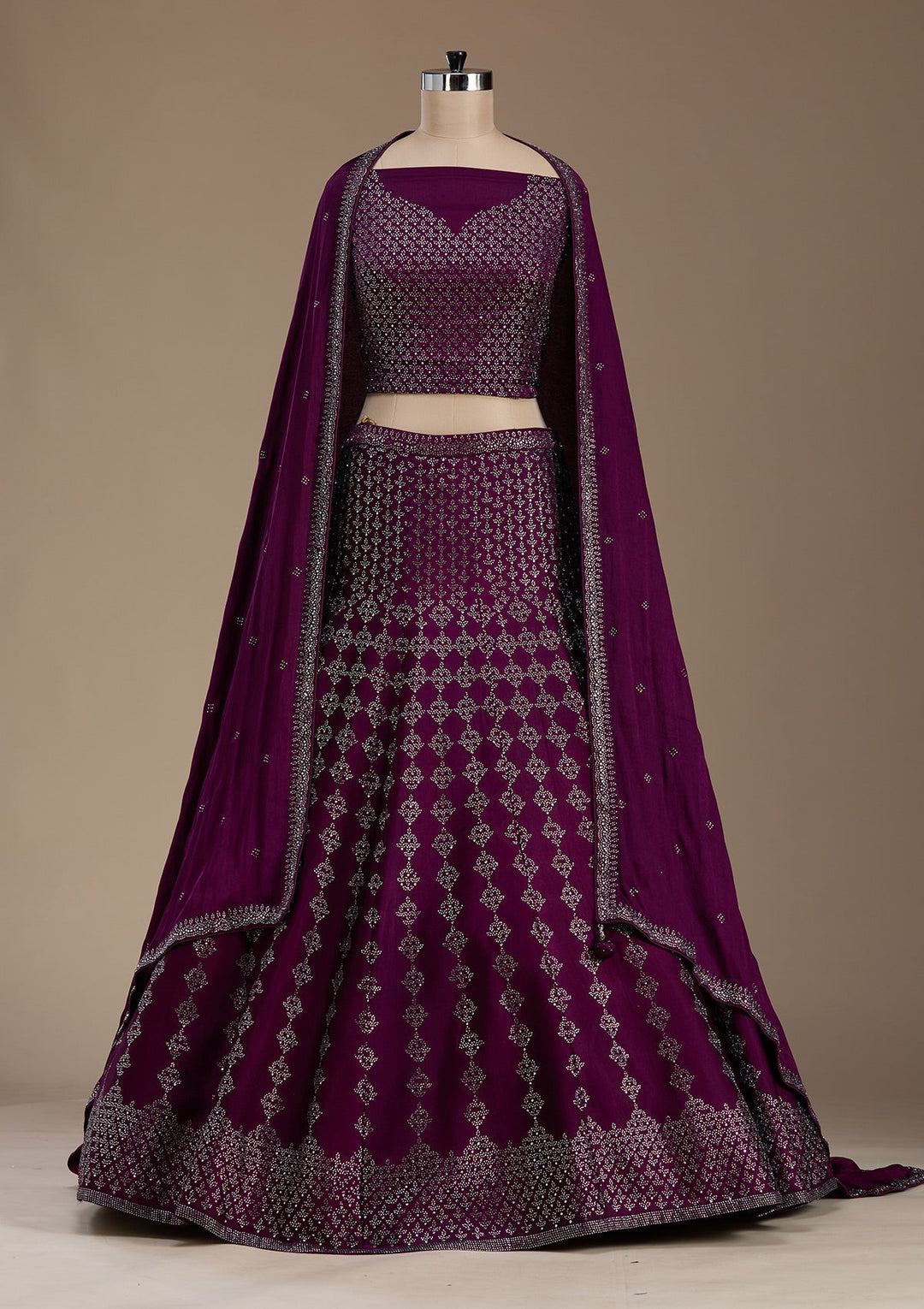 Wine Silver Zariwork Satin Semi-Stitched Lehenga-koskii