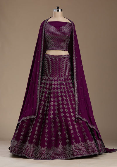 Wine Silver Zariwork Satin Semi-Stitched Lehenga-koskii