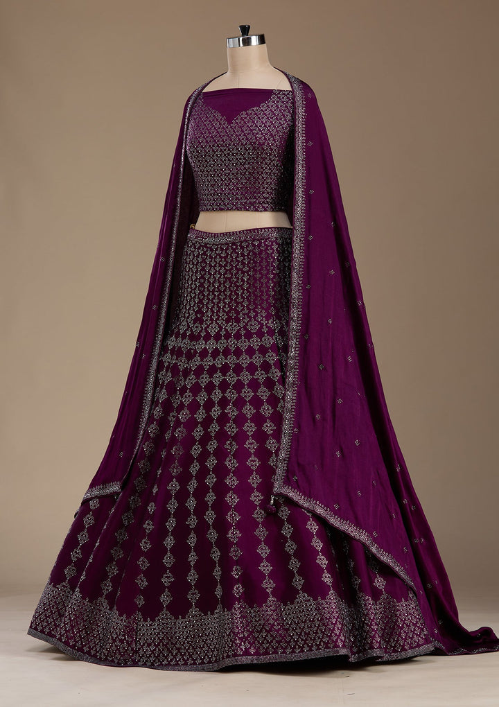 Wine Silver Zariwork Satin Semi-Stitched Lehenga-koskii