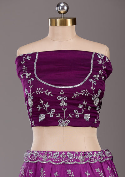 Wine Silver Zariwork Satin Readymade Lehenga-Koskii