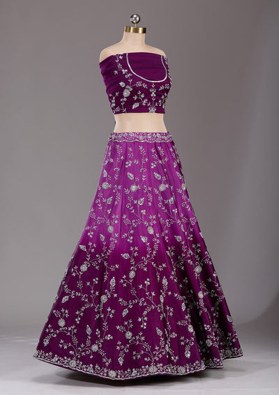 Wine Silver Zariwork Satin Readymade Lehenga-Koskii