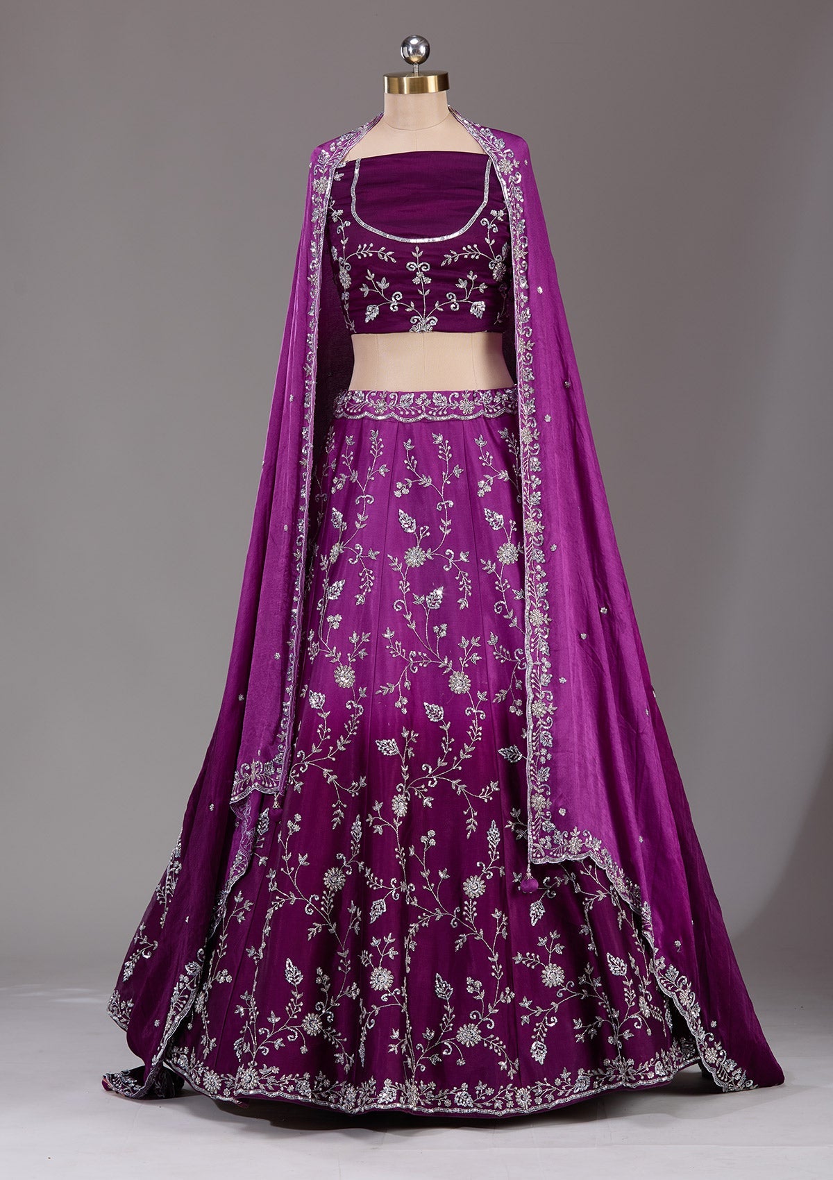 Wine Silver Zariwork Satin Readymade Lehenga-Koskii