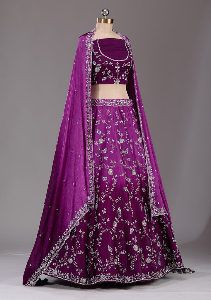 Wine Silver Zariwork Satin Readymade Lehenga-Koskii