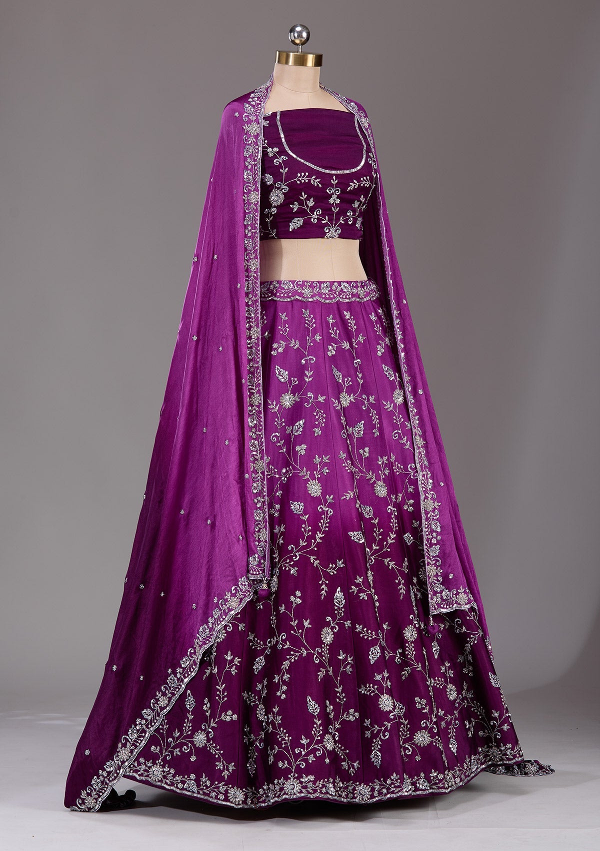 Wine Silver Zariwork Satin Readymade Lehenga-Koskii