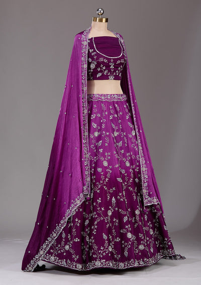 Wine Silver Zariwork Satin Readymade Lehenga-Koskii
